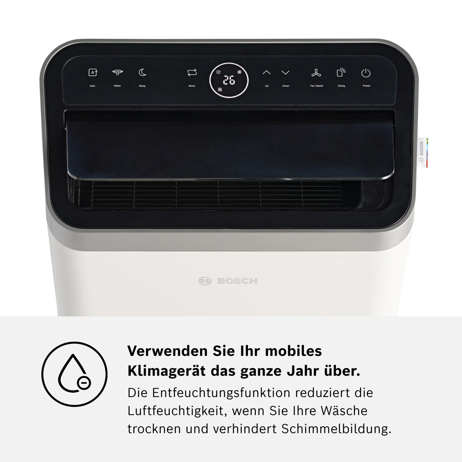 Bosch Cool 4000, mobiles Klimagerät in Weiß, Frontansicht mit Bedienfeld.