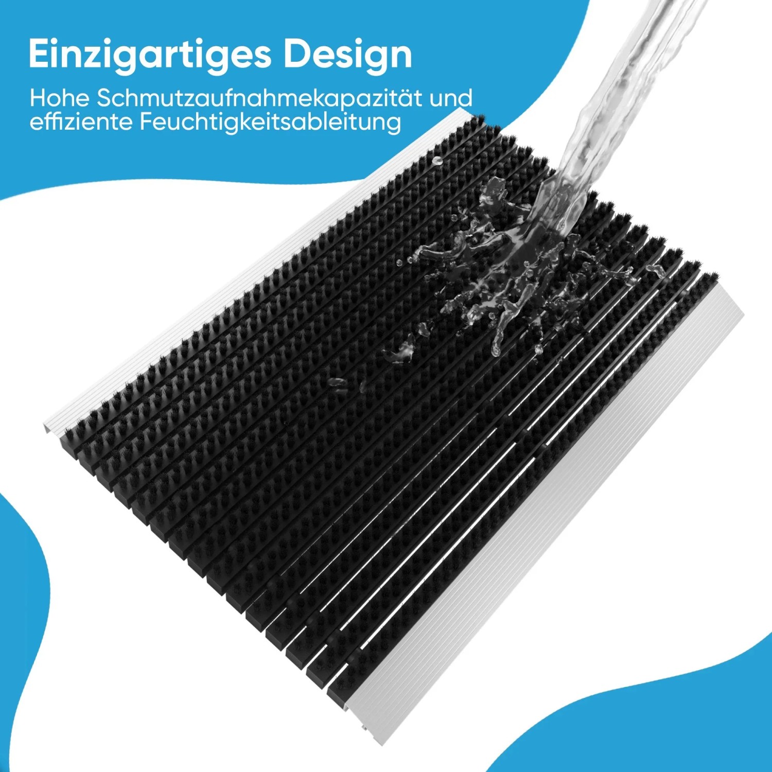 Schwarze Björn&Schiller Fußmatte mit Aluminiumrahmen und Bürsten für den Außenbereich.