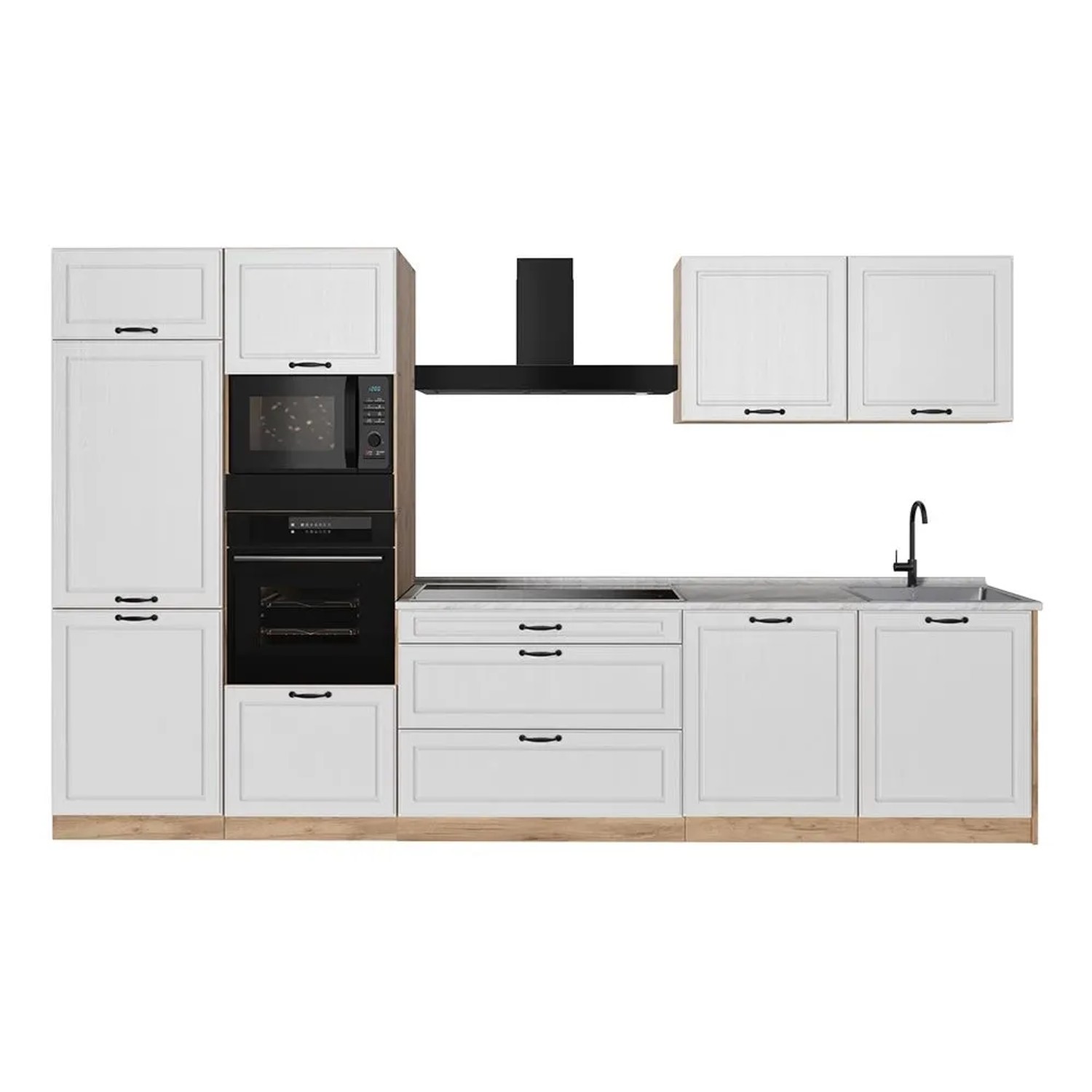Vicco Küchenzeile R-Line Weiß Landhaus/Goldkraft Eiche 340 x 207 Arbeitsplatte Marmor Art Nr 68060