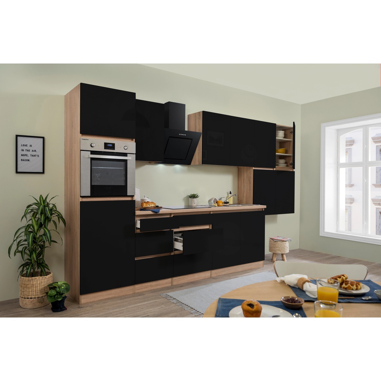 Respekta Küchenzeile/Küchenblock GLRP370HESS Grifflos 370 cm Schwarz Hochglanz-Sonoma Eiche