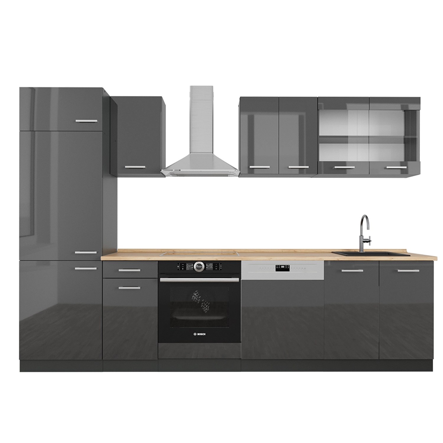 Vicco R-Line Küchenzeile Anthrazit Hochglanz/Anthrazit 300 cm AP Eiche günstig online kaufen