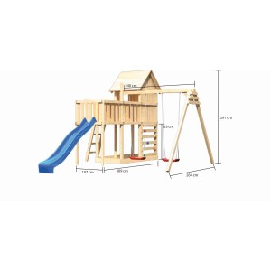 Karibu Stelzenhaus Frieda mit Schaukel, Kletterwand und blauer Rutsche. Spielturm aus Holz mit Maßen.