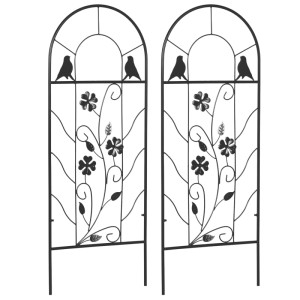 Furnicato Metallspaliere, 2er Set, schwarz, 38x98 cm, mit Vogel- und Blumenmuster für Kletterpflanzen.