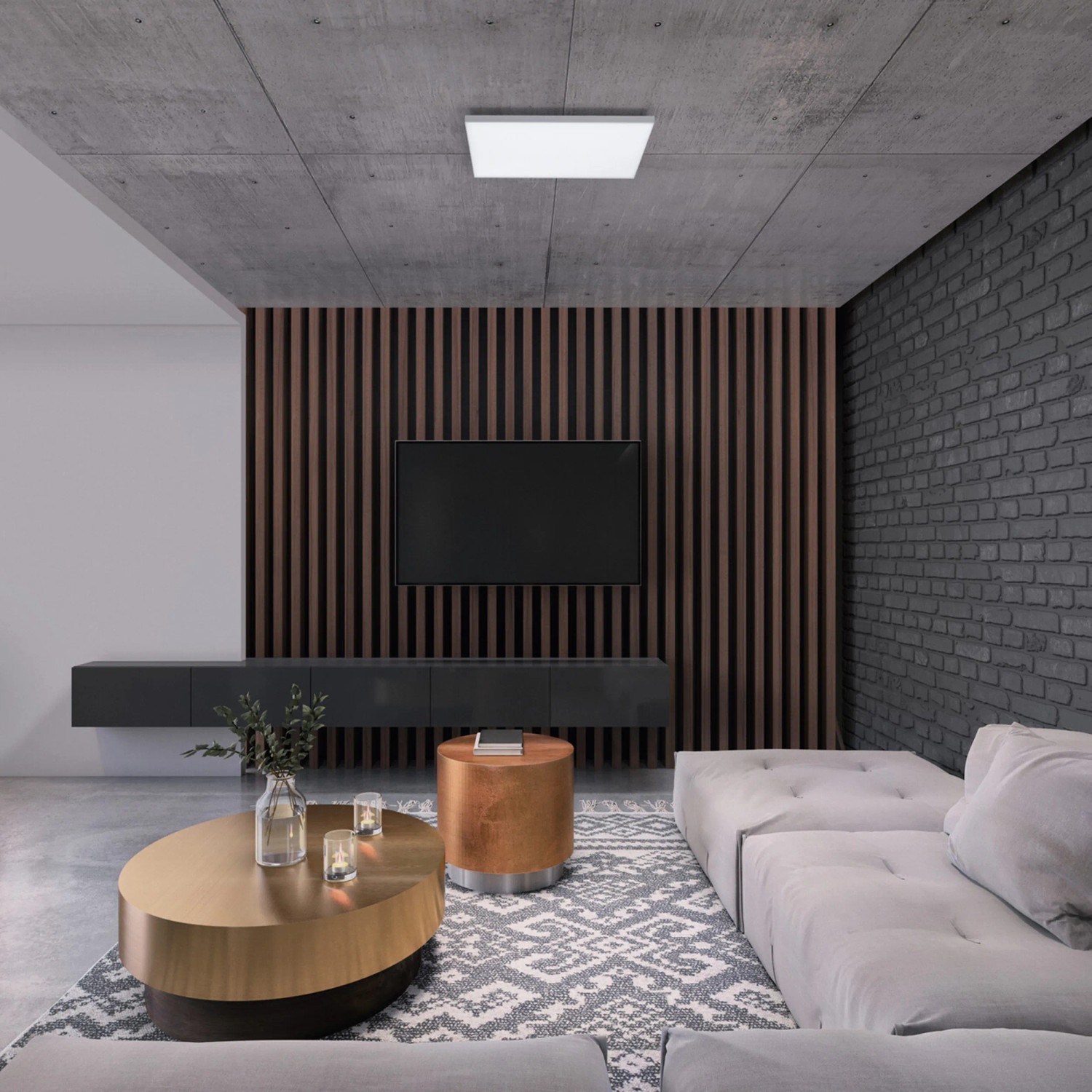 Moderne, rahmenlose Ledvance Planon Sun@Home Deckenleuchte 60x60 cm im Wohnraum.