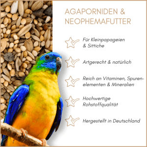 Supravit Agapornidenfutter mit Sittich auf Ast, Saatenmischung für artgerechte Ernährung.