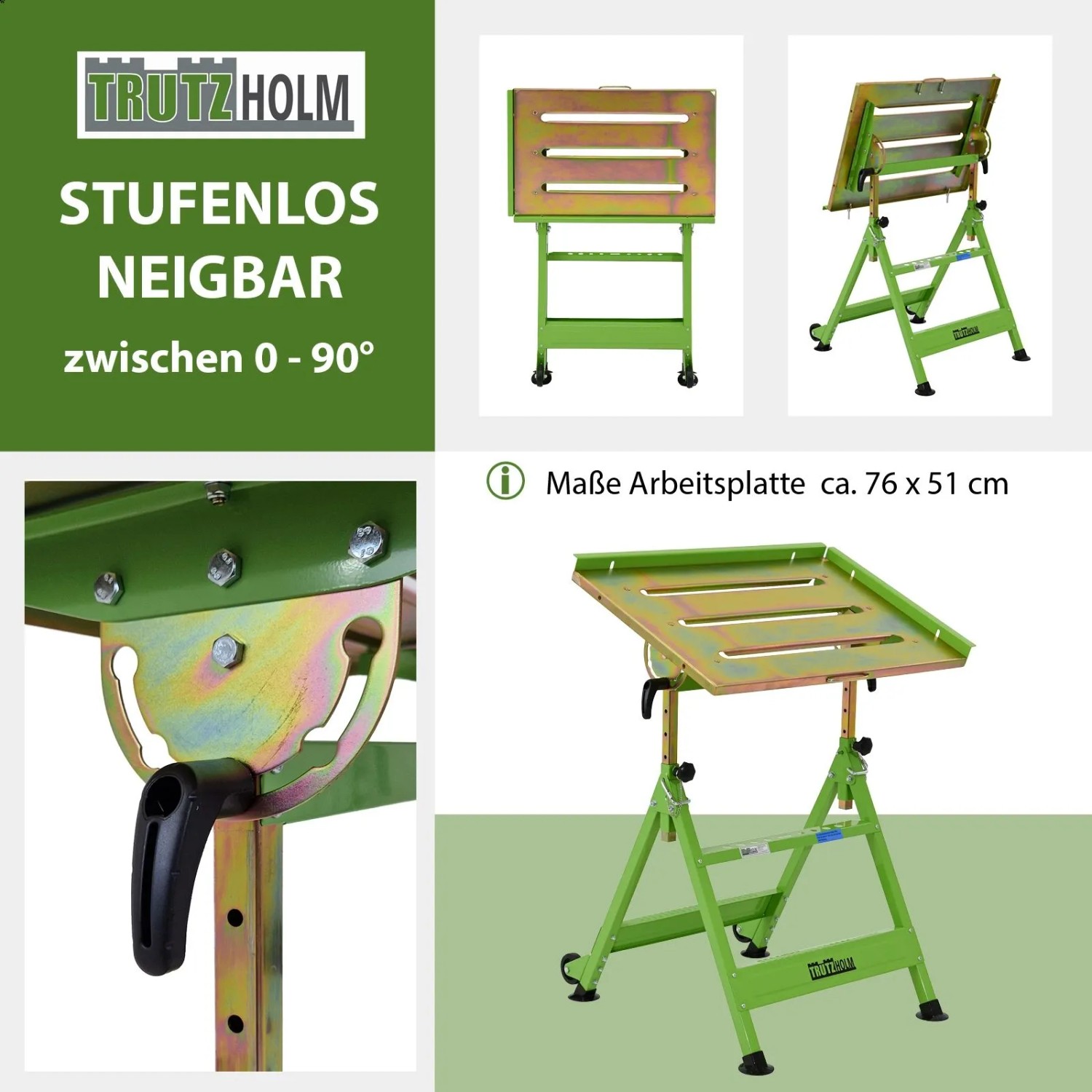 TRUTZHOLM Schweißtisch, höhenverstellbar und neigbar, grüne Werkstatteinrichtung mit verzinkter Arbeitsplatte.