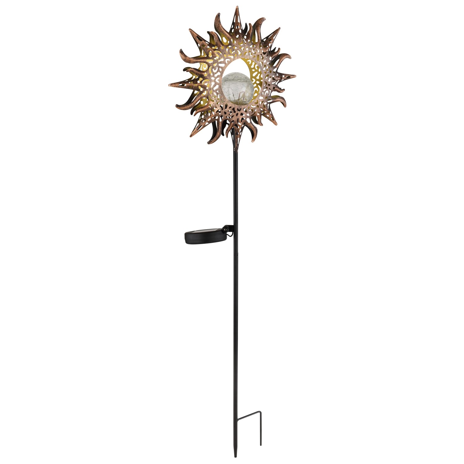 Globo LED Solarleuchte in Schwarz/Rost mit Glaskugel, 81,5 cm hoch. Dekorative Solar-Deko für den Garten.