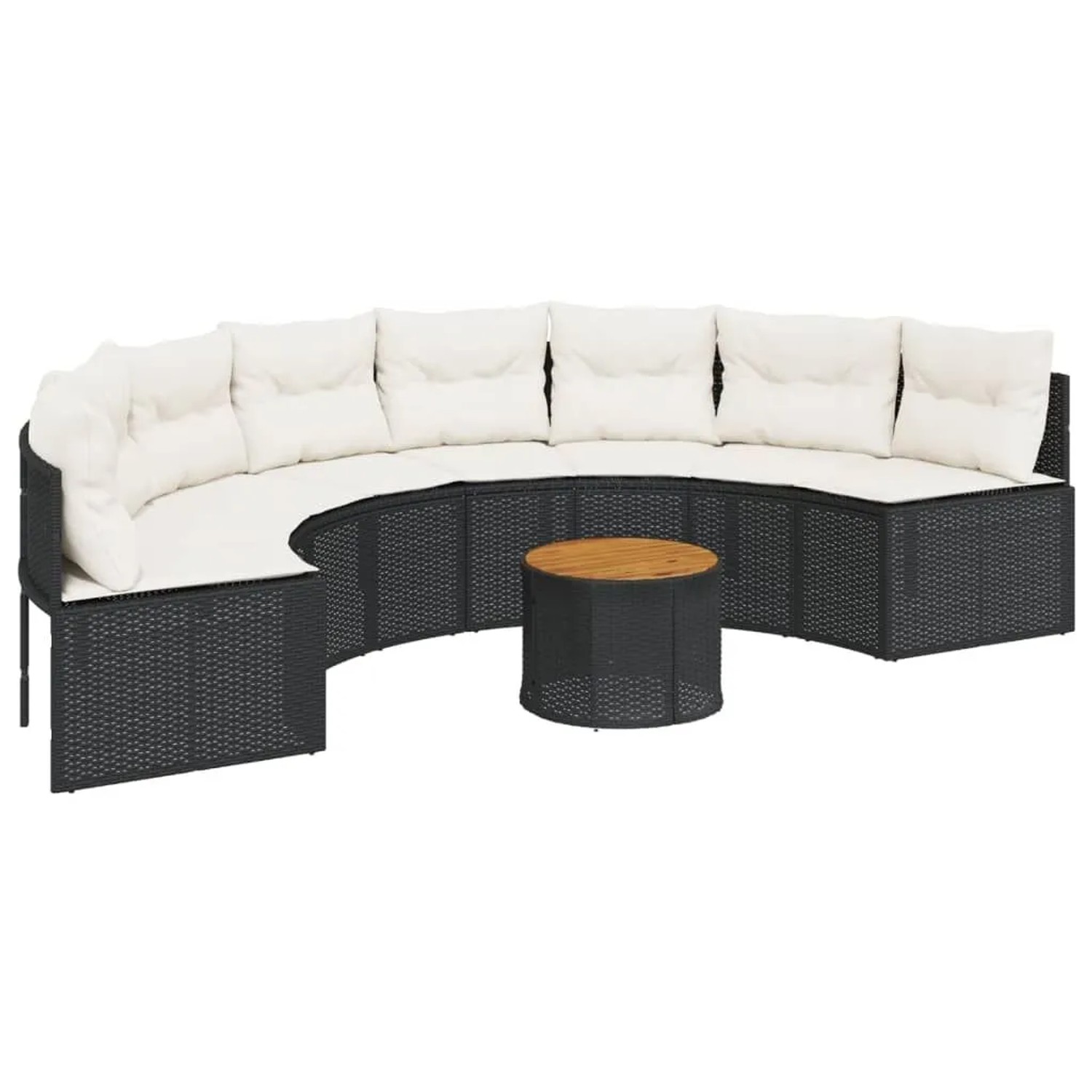 vidaXL Gartensofa mit Tisch und Kissen Halbrund Schwarz Poly-Rattan 3318521