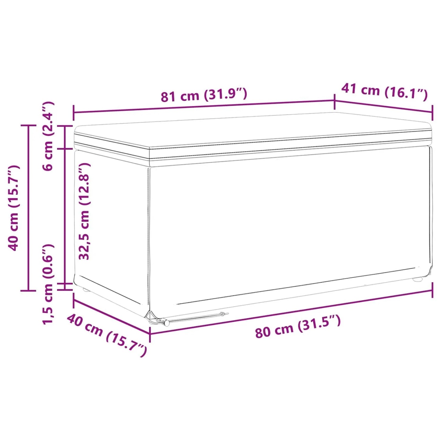 vidaXL Hocker: Technische Zeichnung des rechteckigen Hockers mit Abmessungen 81x41x40 cm.