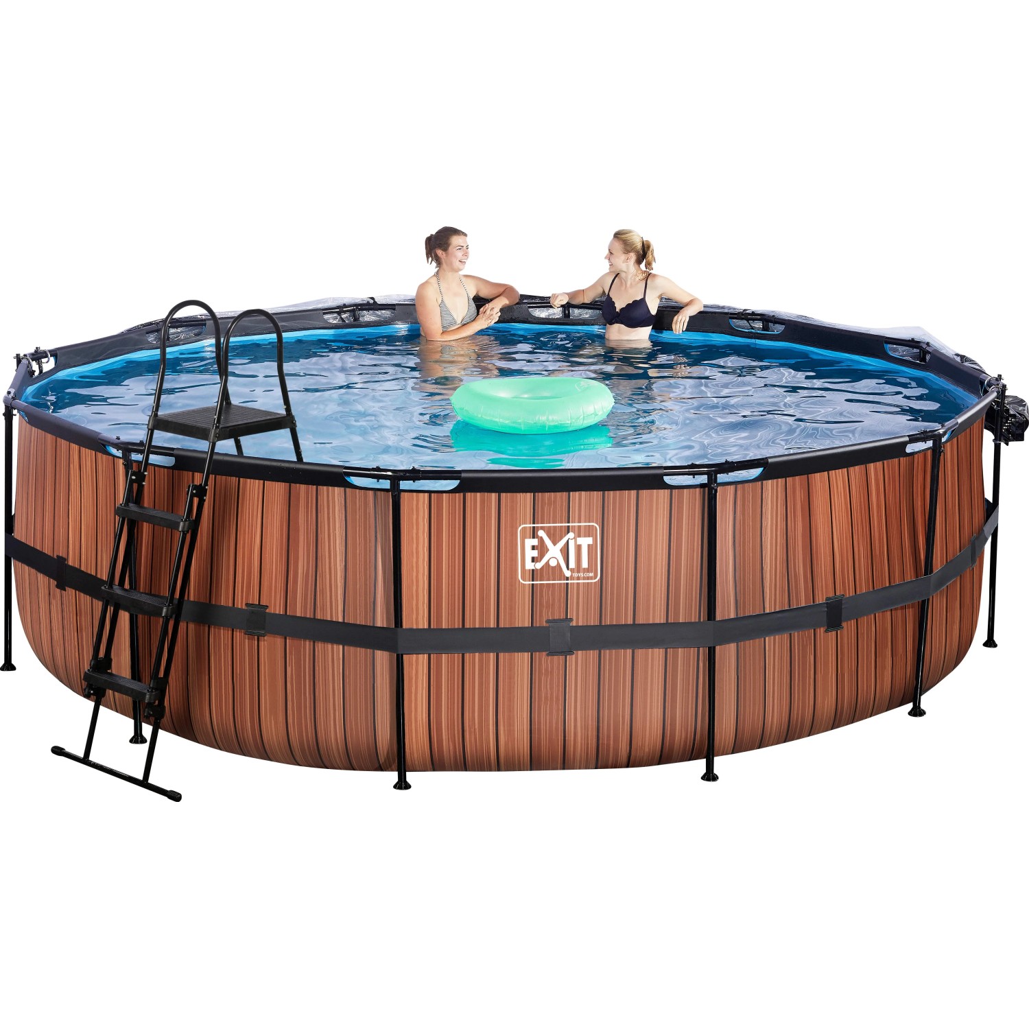 EXIT Wood Pool, braun, ø 488 cm, mit Leiter, Abdeckung und Wärmepumpe. Zwei Personen im Stahlrahmen Pool.