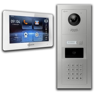 Goliath IP Video Türsprechanlage mit 7 Zoll Monitor, Zahlencode, RFID, silberfarbene Außenstation.