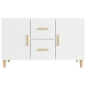 Weißes Sideboard aus Holzwerkstoff mit 2 Türen, 2 Schubladen, hellen Holzgriffen und konischen Beinen. Modernes Design.