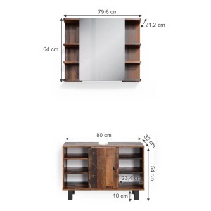 Vicco Badmöbel-Set Fynn Antikholz, 2-teilig: Unterschrank (80cm) und Spiegelschrank mit Regalen.
