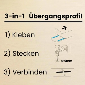Dalsys 3-in-1 Übergangsprofil Montage: Kleben, Stecken (Bohren Ø 6mm) und Schrauben. Vielseitiges Bodenprofil.