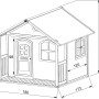 Axi Milan Spielhaus, braun-grün, mit Maßen. Holzhaus mit Veranda und Fenstern, ideal zum Spielen im Garten.