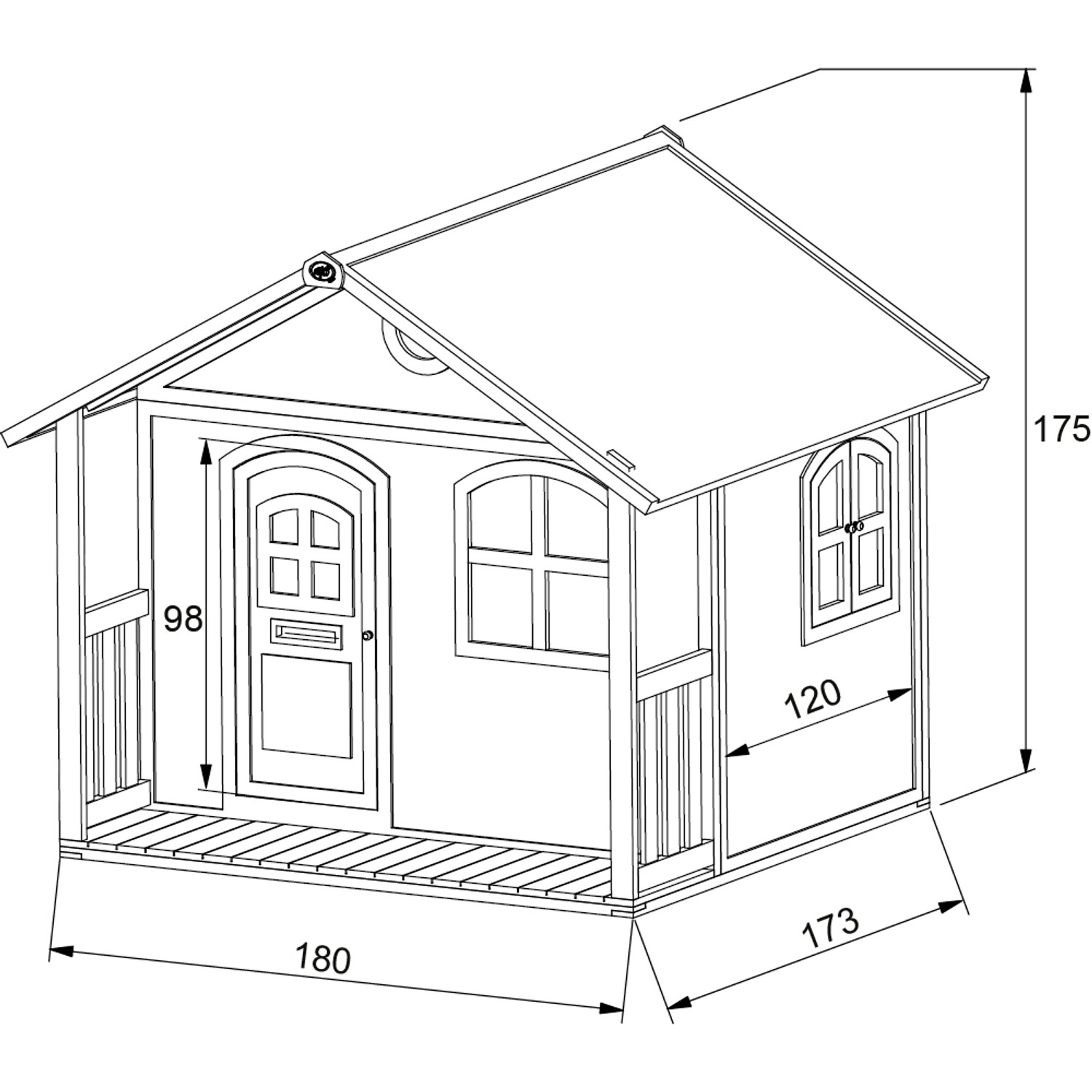 Axi Milan Spielhaus, braun-grün, mit Maßen. Holzhaus mit Veranda und Fenstern, ideal zum Spielen im Garten.
