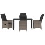 Graue 5-teilige Garten Essgruppe aus Poly Rattan mit Tisch und Stühlen mit Kissen.