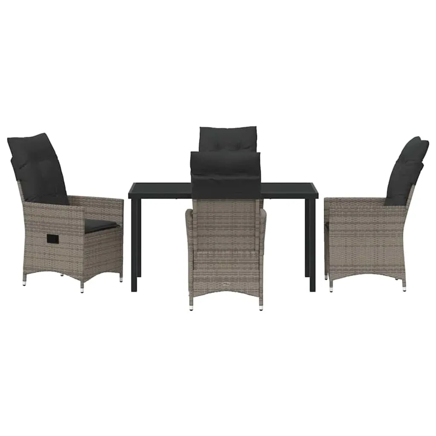 Graue 5-teilige Garten Essgruppe aus Poly Rattan mit Tisch und Stühlen mit Kissen.