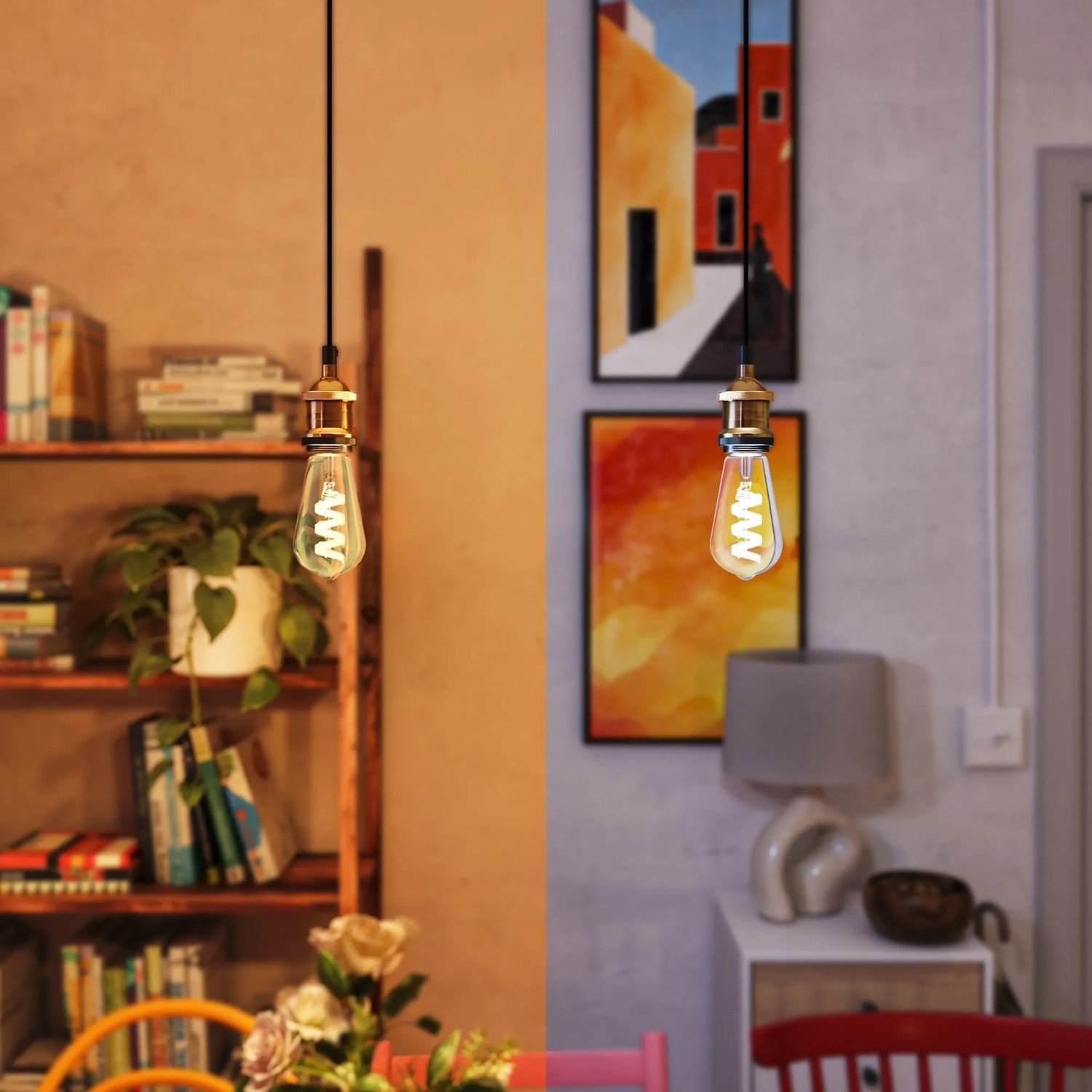 Philips Smart-LED E27 Tropfenform Leuchtmittel Set mit goldenem Sockel und Spiralfilament. Zeigt warm- und kaltweißes Licht für Vintage-Look.