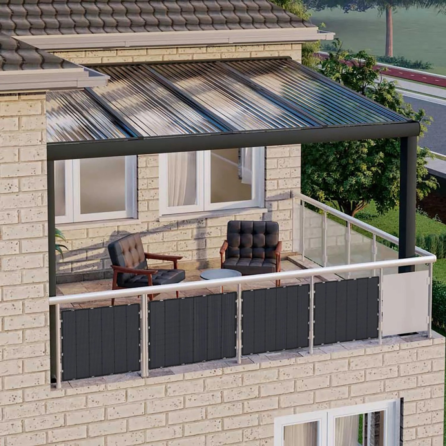 Flexibles ABSAAR Solarpanel 200W auf Balkon mit Befestigungsbändern montiert.