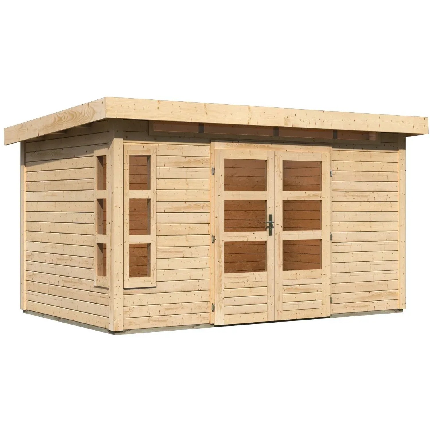 Naturbelassenes Karibu Holz-Gartenhaus Kastberg mit Flachdach und Doppeltür, 360x240 cm.