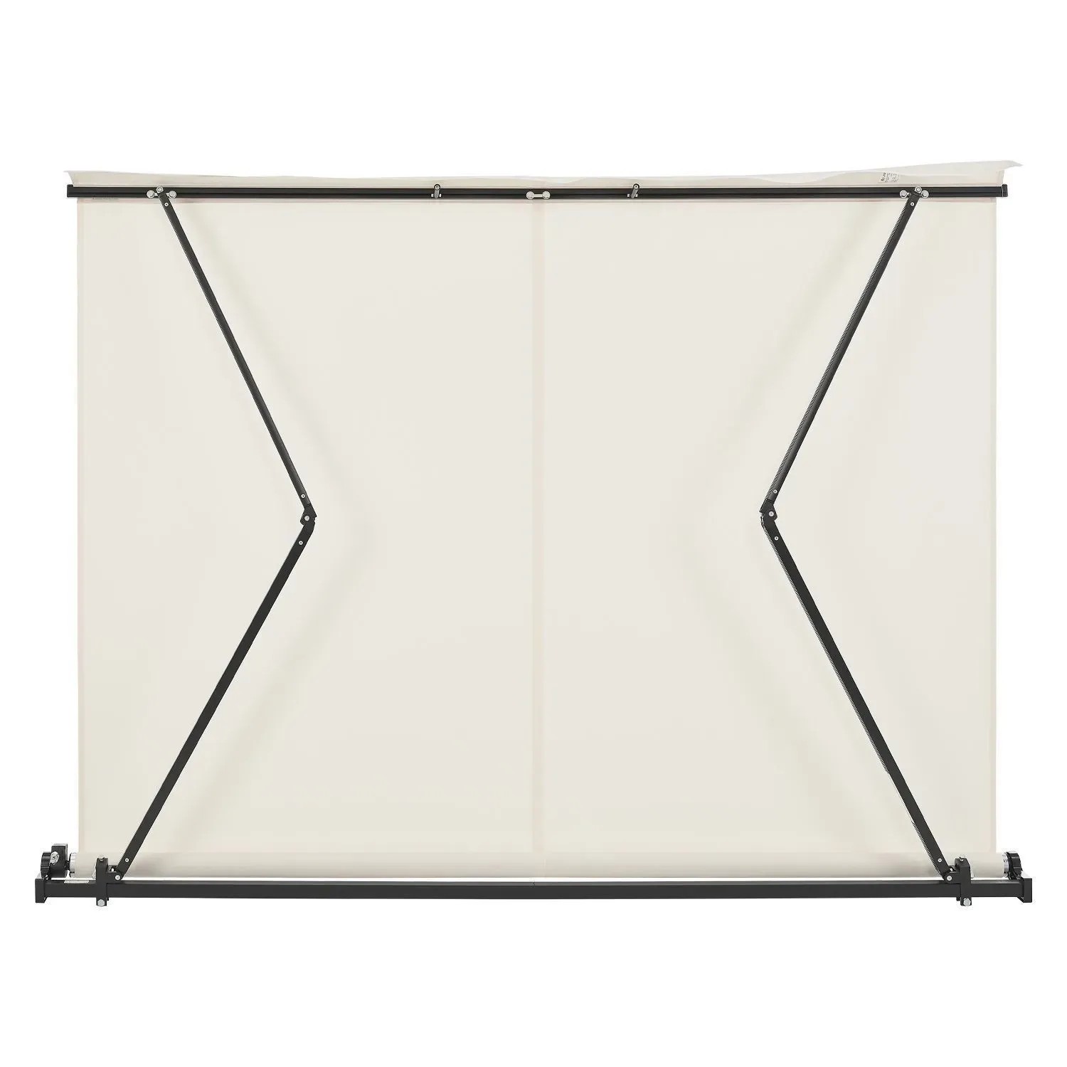 Beige Gelenkarmmarkise 400x300 cm mit schwarzem Gestell, eingefahren.