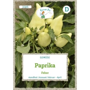 Grüne Fee Paprika Feher Saatgut Packung mit hellgelben, spitzkegeligen Gemüsepaprika auf Pflanze. Für Anzucht.