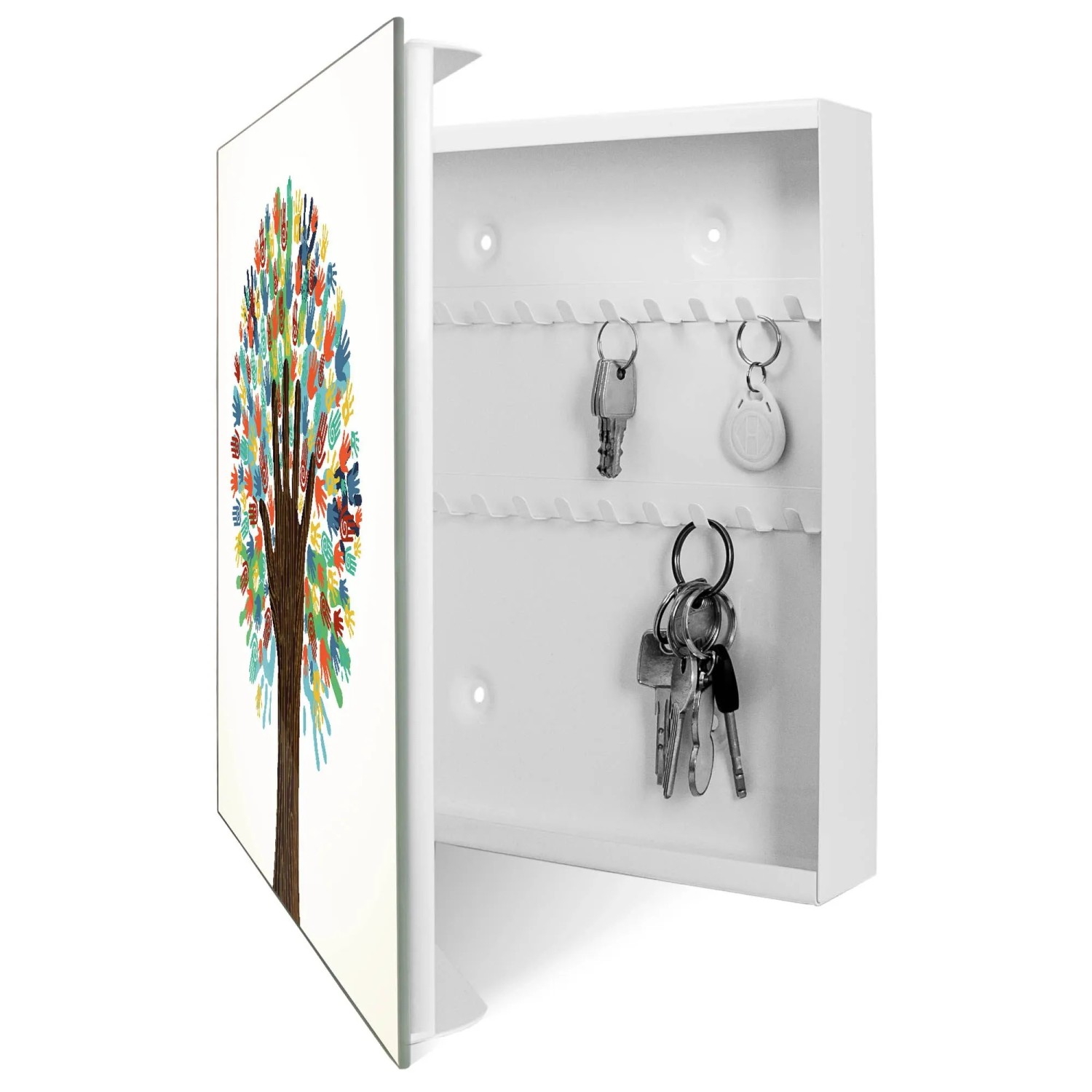 Banjado Großer Schlüsselkasten Glas 30x30cm Weiß Scharnier Links 50 Haken Beschreibbar Magnetisch Motiv We Are The World_3