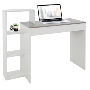 Weißer ML-Design Schreibtisch mit Regal und Tischplatte in Betonoptik, 110x72x40cm.