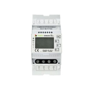 Weißer Matismart Dreiphasen-Energiezähler SEM3250 mit Display und Modbus für DIN Schiene zur Verbrauchserfassung.