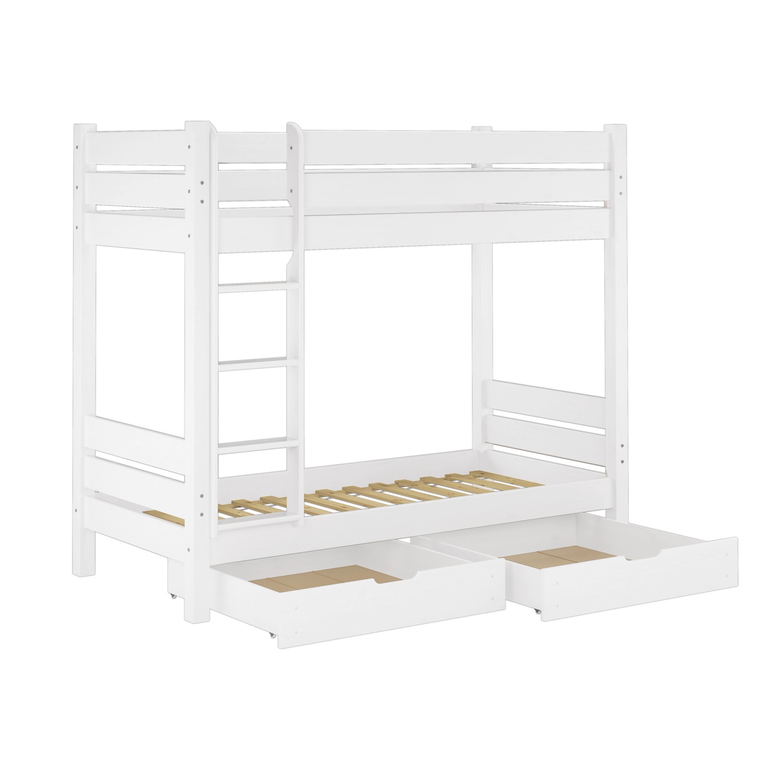 Weißes Etagenbett aus Kiefernholz mit Gästebettkasten und Rollrost.