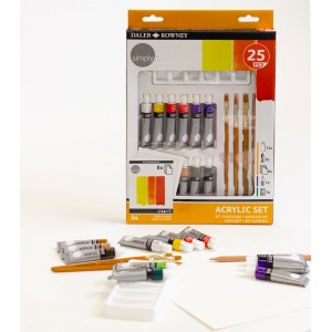 Daler-Rowney Acryl-Malset, 25-teilig mit Farben, Pinsel, Malpalette und Papier.