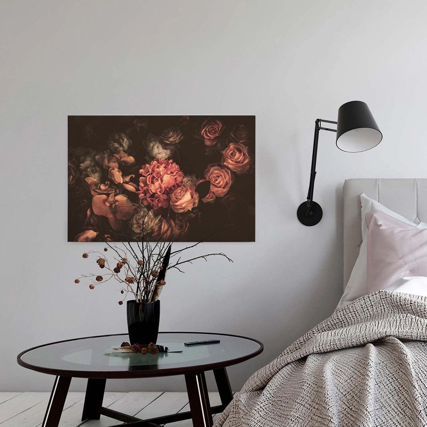 Bricoflor Leinwandbild Rosen Blumen-Bild Schwarzer Hintergrund Wandbild Orchidee Für Wohnzimmer Schwarz Orange