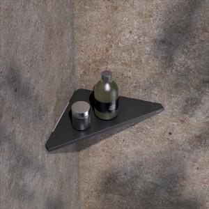 Keuco Eckduschablage Rose, schwarz-matt, mit Shampoo und Creme aufgetragen in einer Ecke.