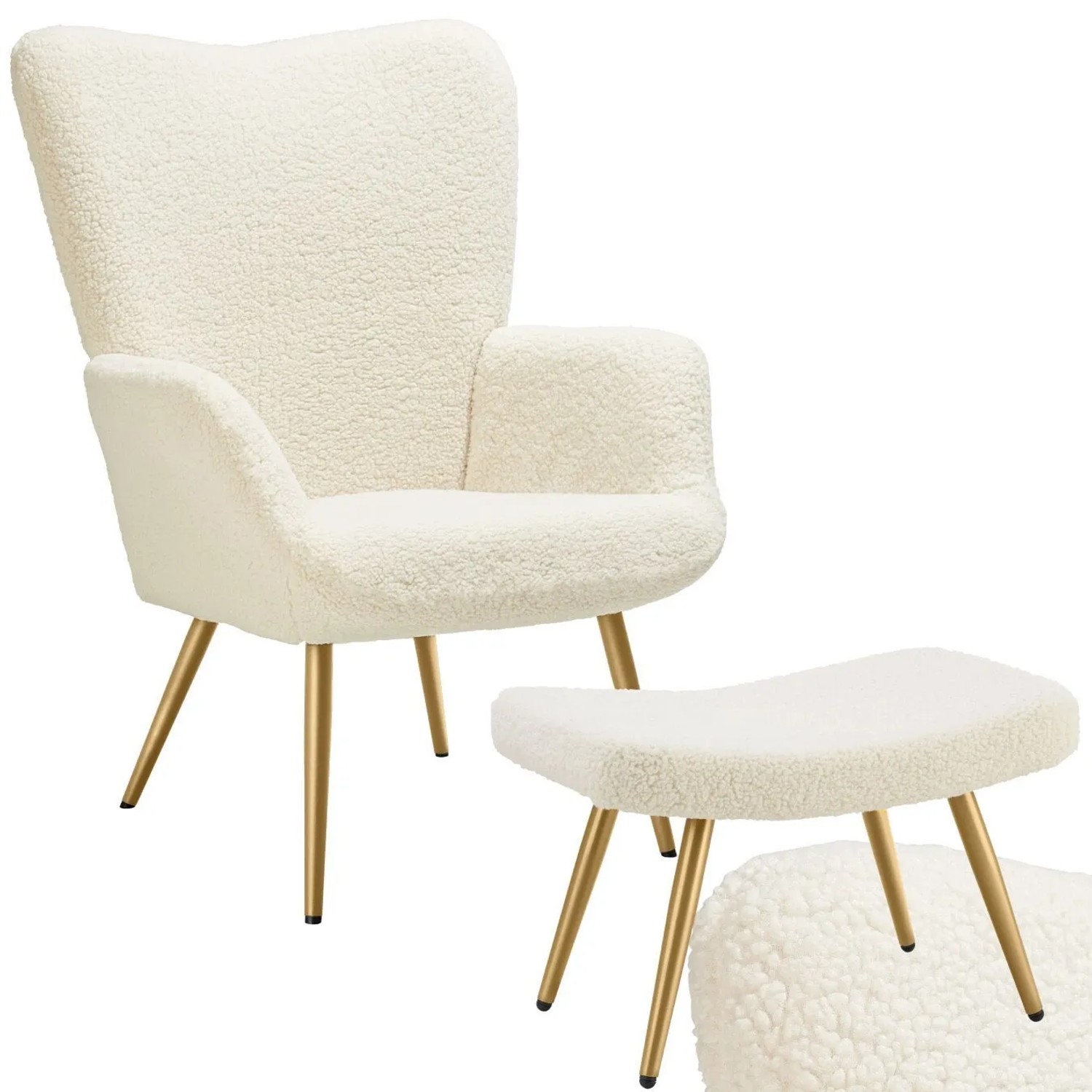 Tectake Sessel Hygge Gepolstert Armlehnen und Ergonomische Rückenlehne  76 x 72 x 100 50 cm Bouclé Creme Gold