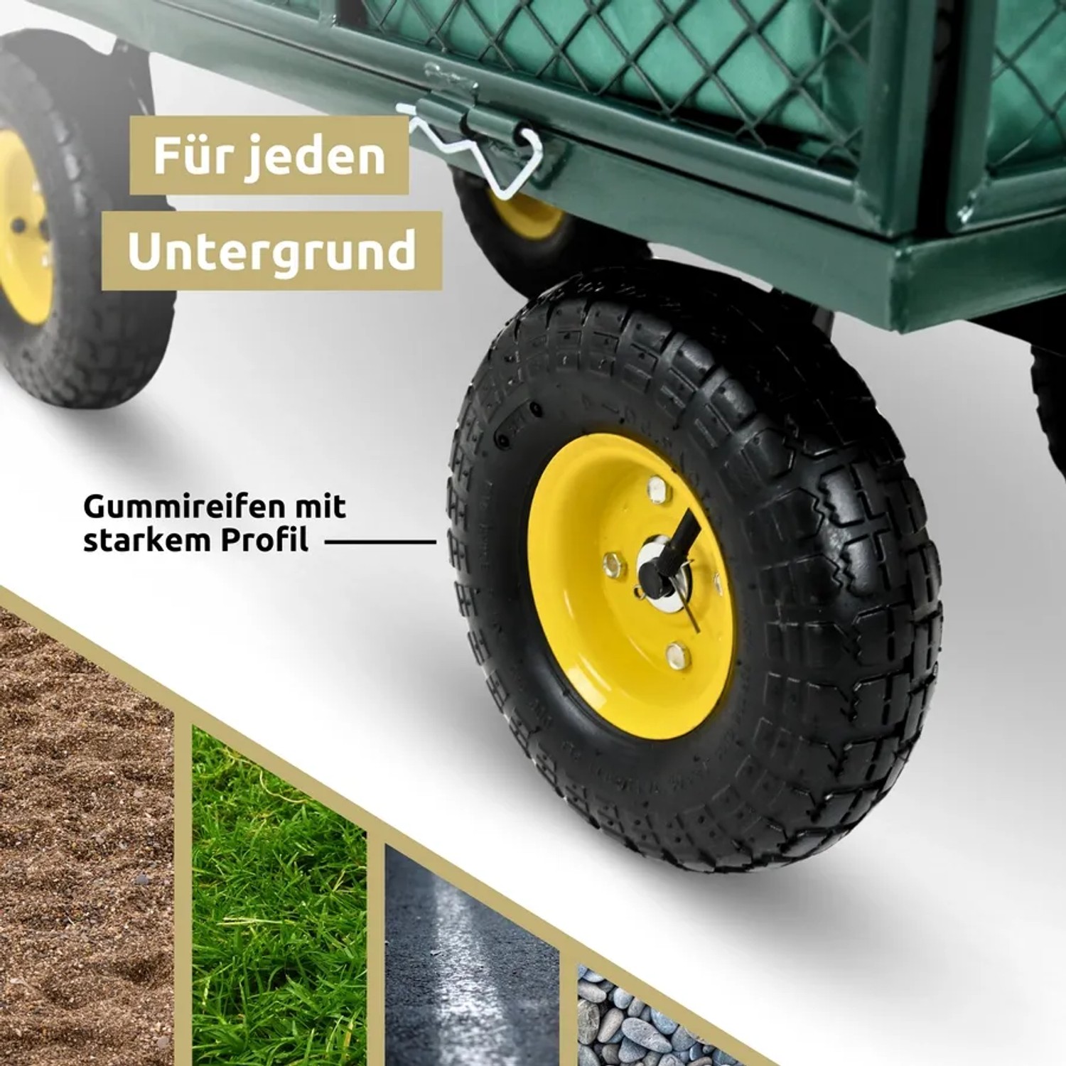 Detailaufnahme: Grüner deluxe4home Bollerwagen mit gelben Rädern und Profilreifen.