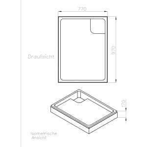 Technische Zeichnung Ottofond Wannenträger Samos 100x80 cm für Duschwanne, Draufsicht und isometrische Ansicht.