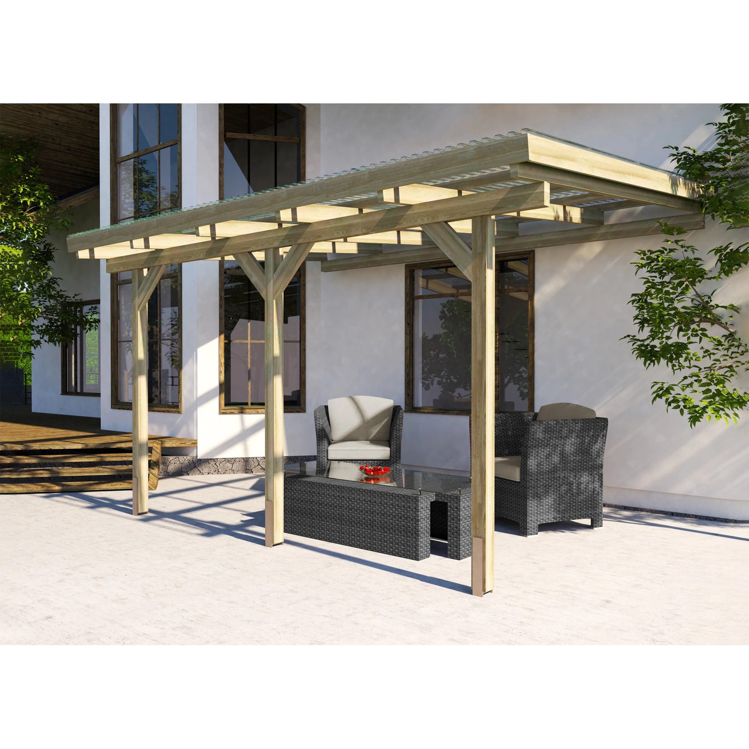 Weka Terrassenüberdachung Holz Größe 3 (424x306cm) mit transparentem Kunststoffdach und Gartenmöbeln.