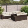 Braune 11-tlg. vidaXL Garten-Sofagarnitur aus Poly Rattan mit Tisch und cremeweißen Kissen.