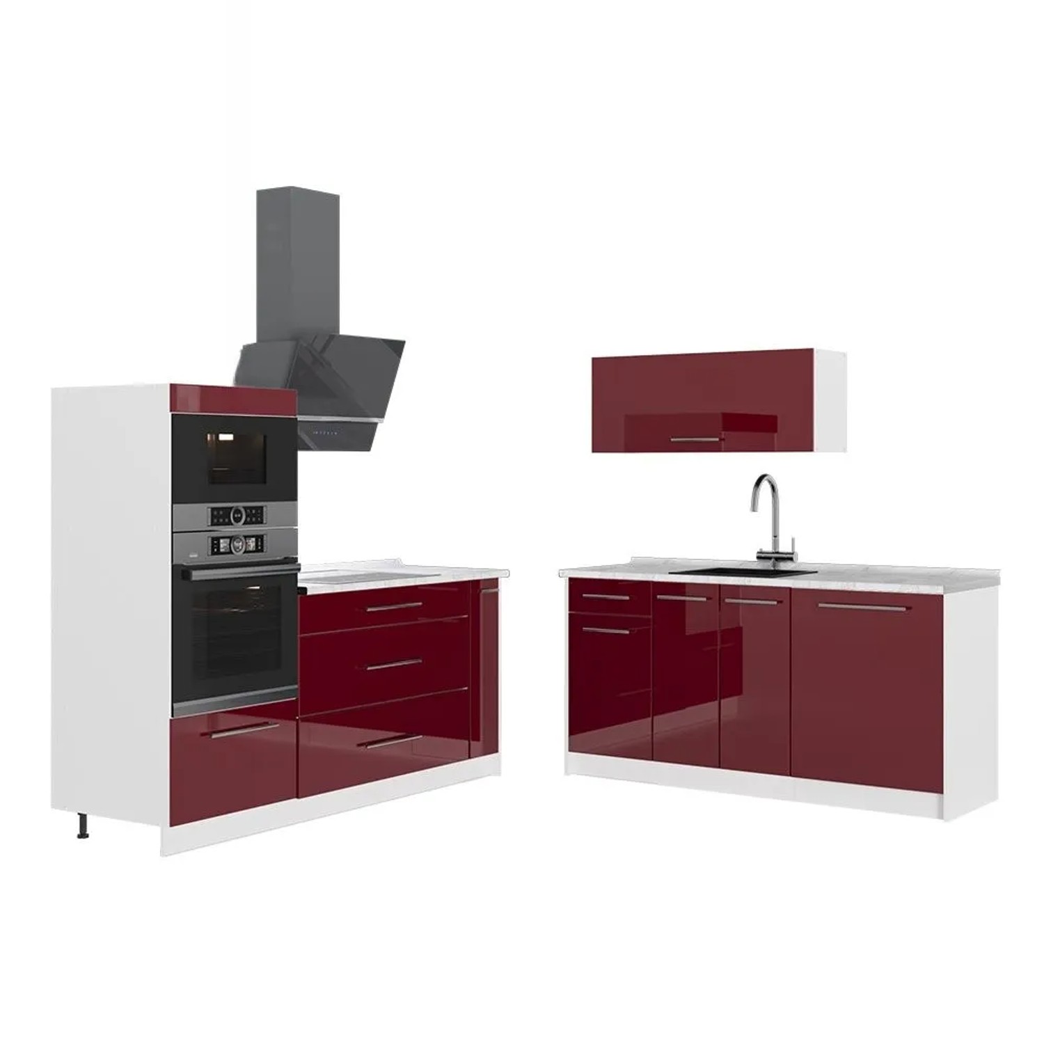Vicco Küchenzeile Fame-Line Bordeaux Hochglanz/Weiß 340 x 154 AP Marmor Art Nr 63742