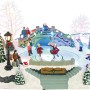 Weihnachtsdorf mit beleuchteter Eislaufbahn, Schlittschuhläufern, Brücke, Bäumen und Laternen im Schnee. Mehrfarbige Weihnachtsdekoration.