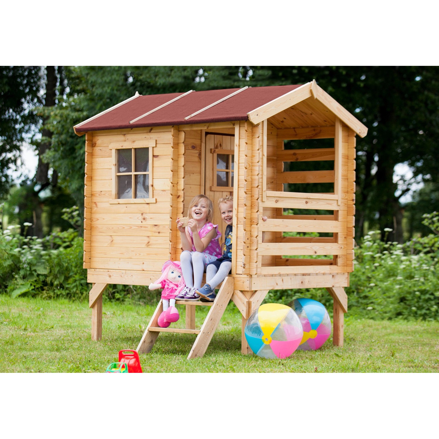 Timbela Kinderspielhaus Holz M501B 1,1 m² auf Stelzen mit Leiter und