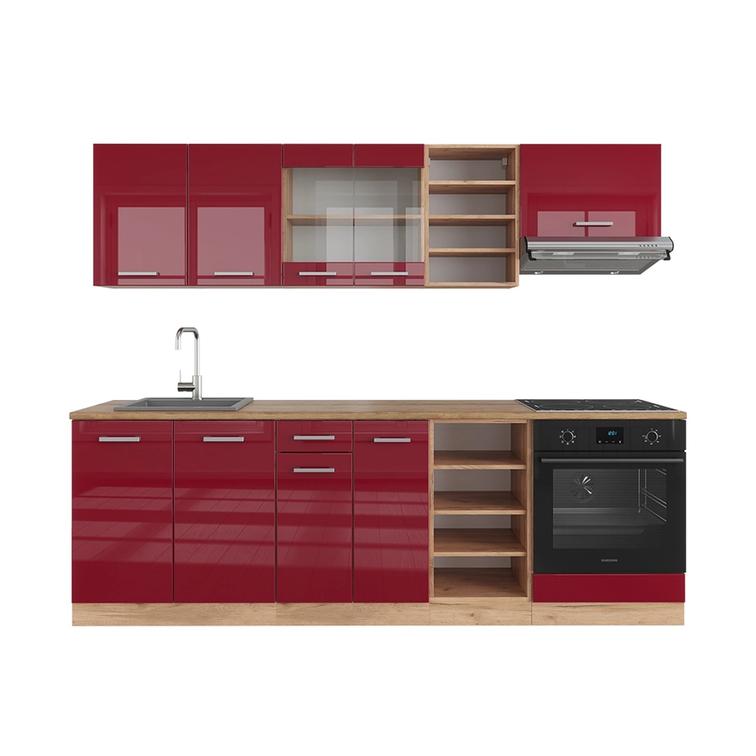 Vicco R-Line Küchenzeile Bordeaux Hochglanz/Goldkraft Eiche 240 cm ohne Arb günstig online kaufen