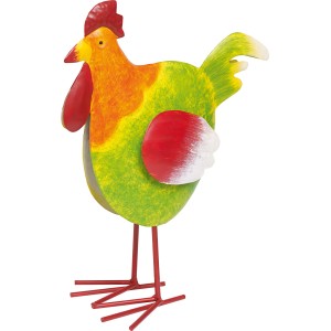 Bunter Deko-Hahn aus Stahlblech, 33 cm hoch, in Orange und Grün für die Gartendekoration.