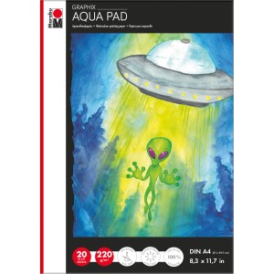 Marabu Aqua Pad Graphix A4, 20 Blatt, 220 g/m², mit Alien-Motiv für Aquarellmalerei.