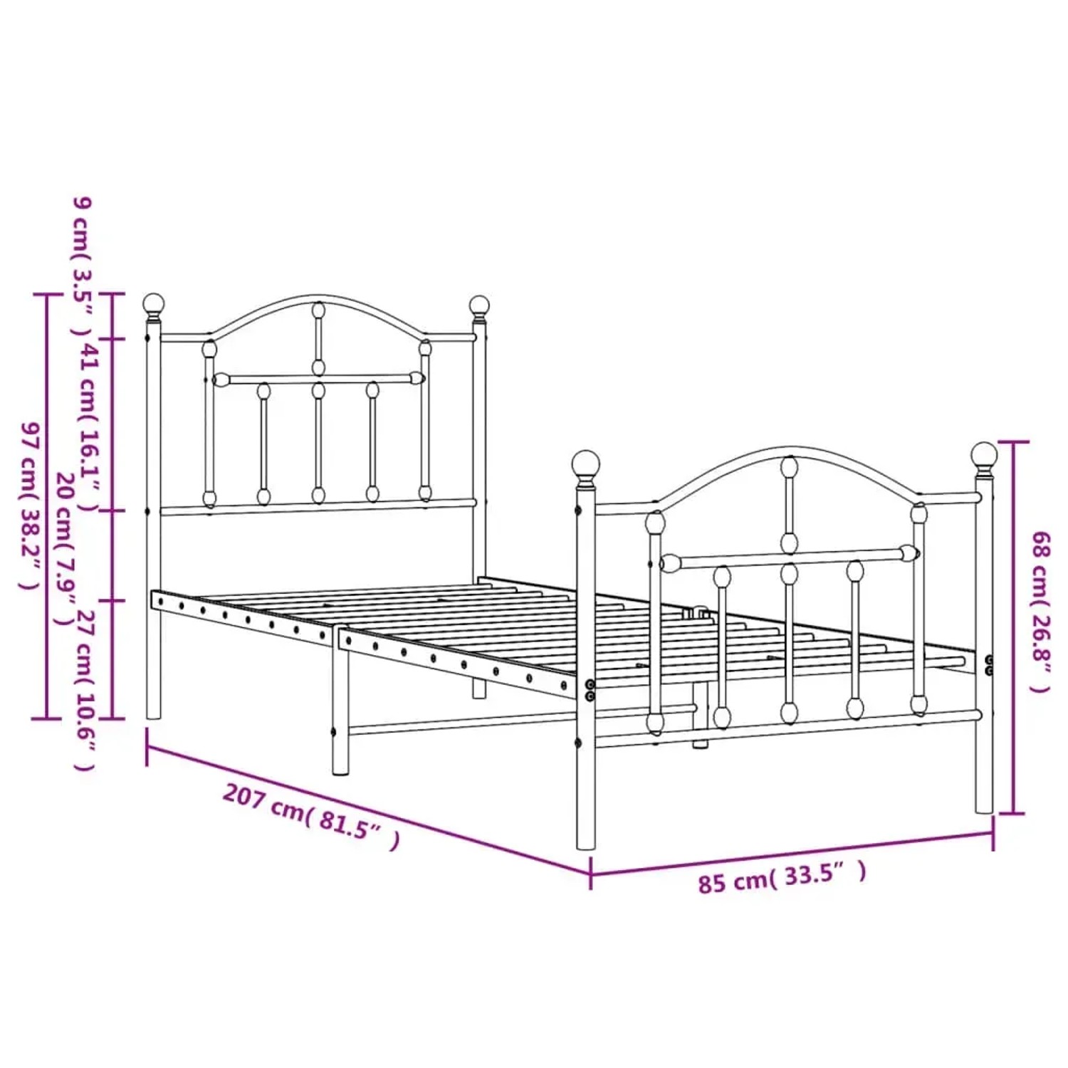 Weißes Metall Bettgestell (80x200 cm) mit Kopf- und Fußteil, vidaXL. Bett für Schlafzimmer.