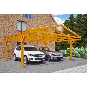 Skan Holz Carport Westerwald Eiche hell, Doppelcarport mit zwei parkenden Autos.
