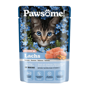 Pawsome Katzen-Nassfutter Junior Lachs, 85g Beutel mit Katze und Lachs.