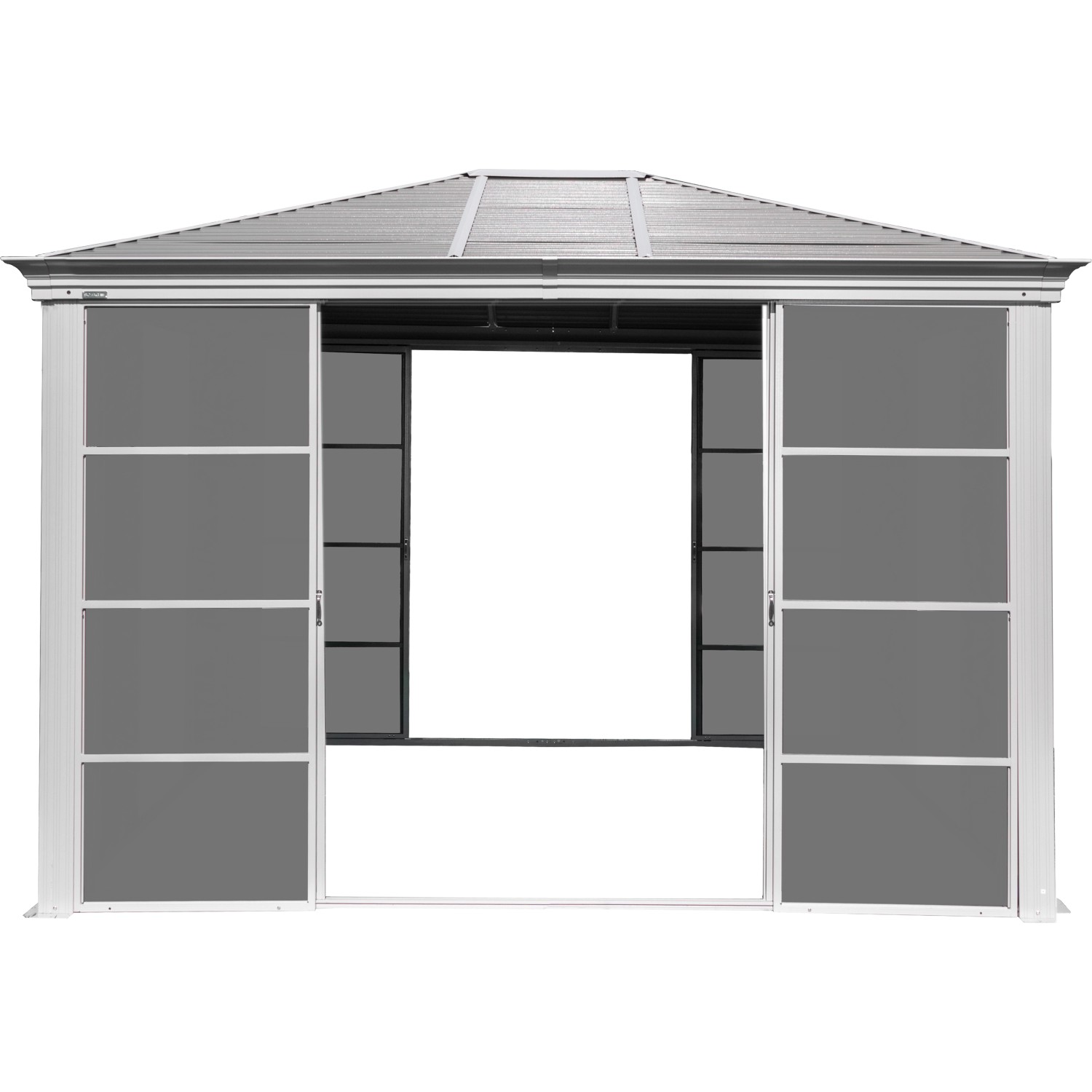 Sojag Pavillon Striano 10x12 Champagner mit Schiebetüren und Stahldach.