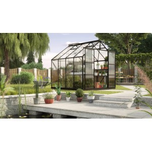 Schwarzes Gewächshaus Vitavia Uranus 6700 mit Sicherheitsglas und Fundament im Garten.